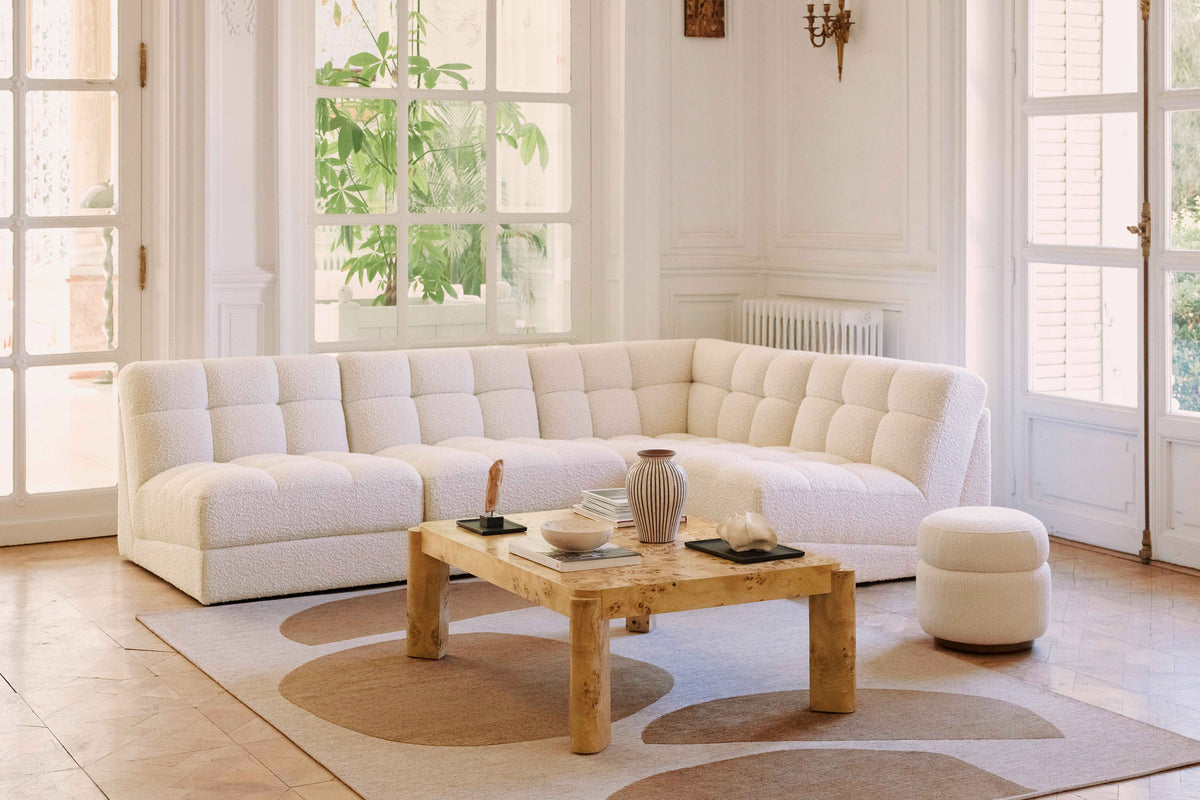 canapé modulable Paul - bouclé blanc avoine - configuration angle vue paysage
