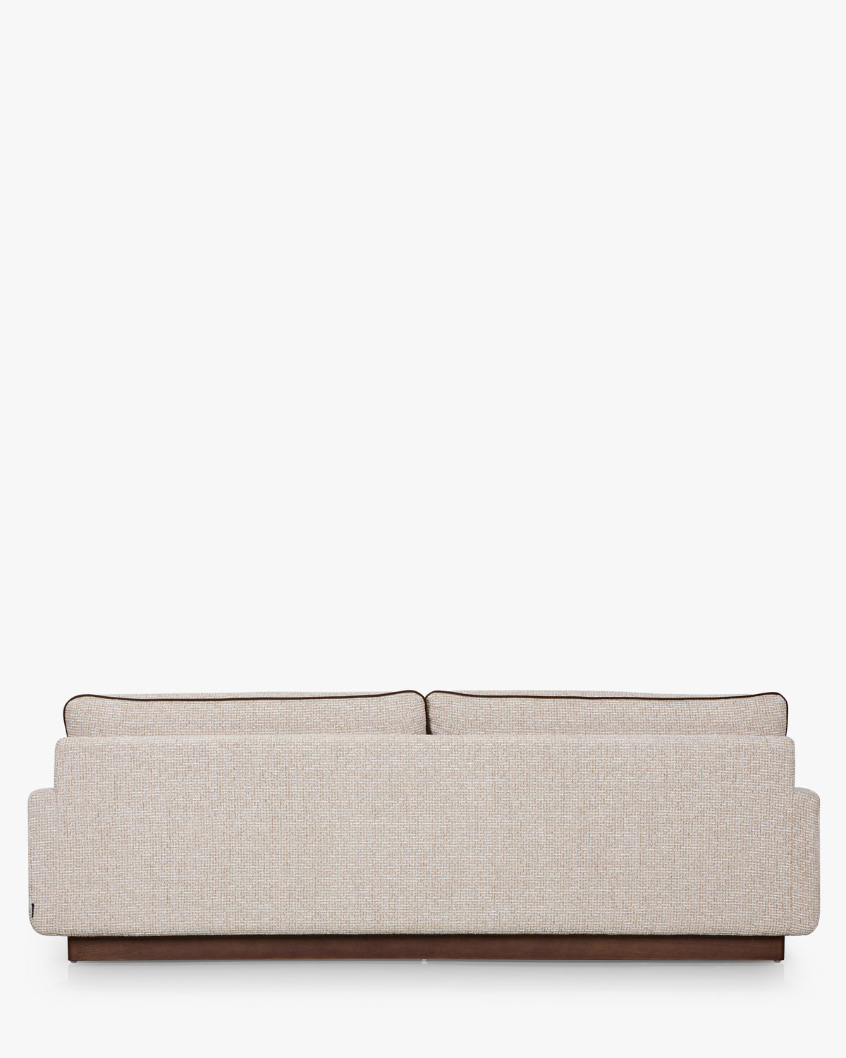 Canapé Elysée - tweed beige marron noisette et bois teinte noyer - vue de dos, trois-quarts