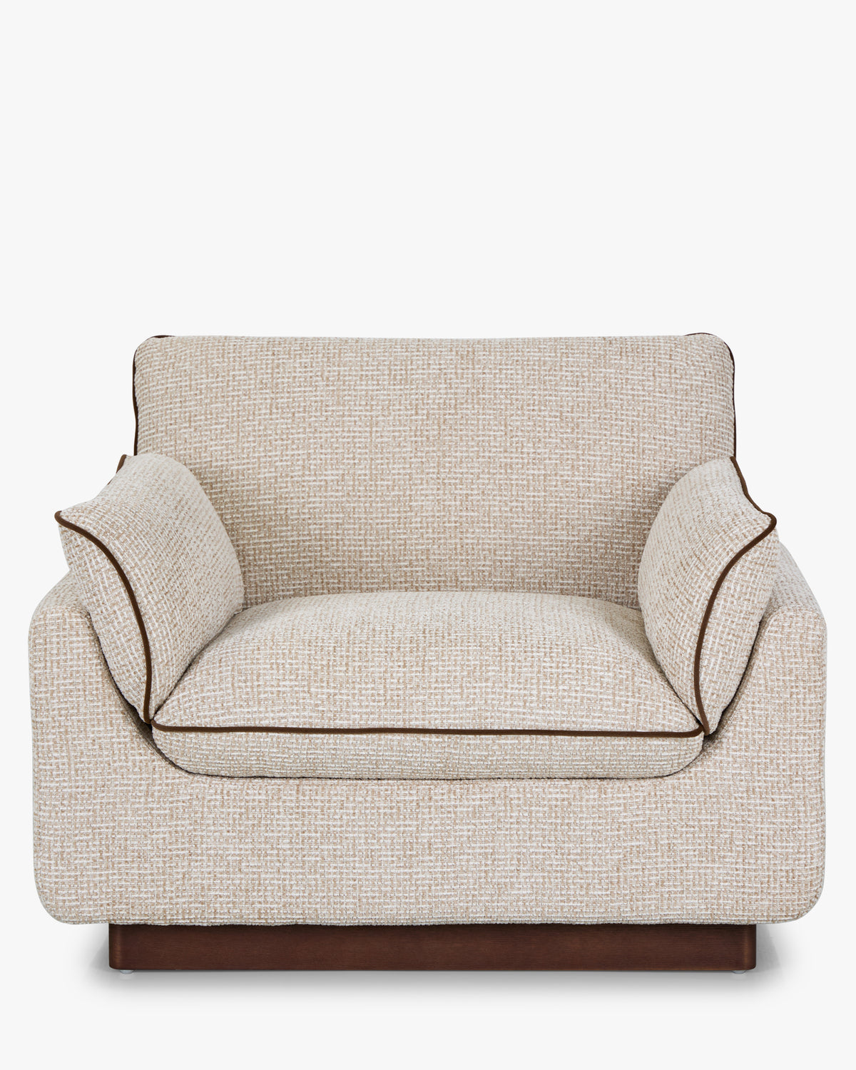 Fauteuil Elysée - NV GALLERY - tweed beige marron noisette et bois teinte noyer - vue de face