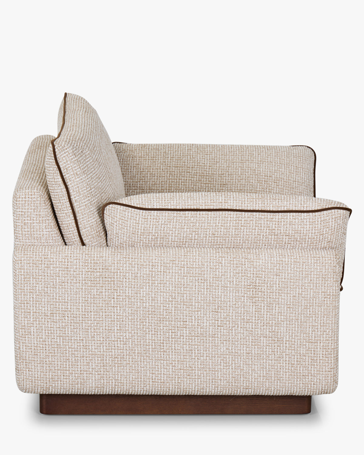 Fauteuil Elysée - tweed beige marron noisette et bois teinte noyer - vue de profil