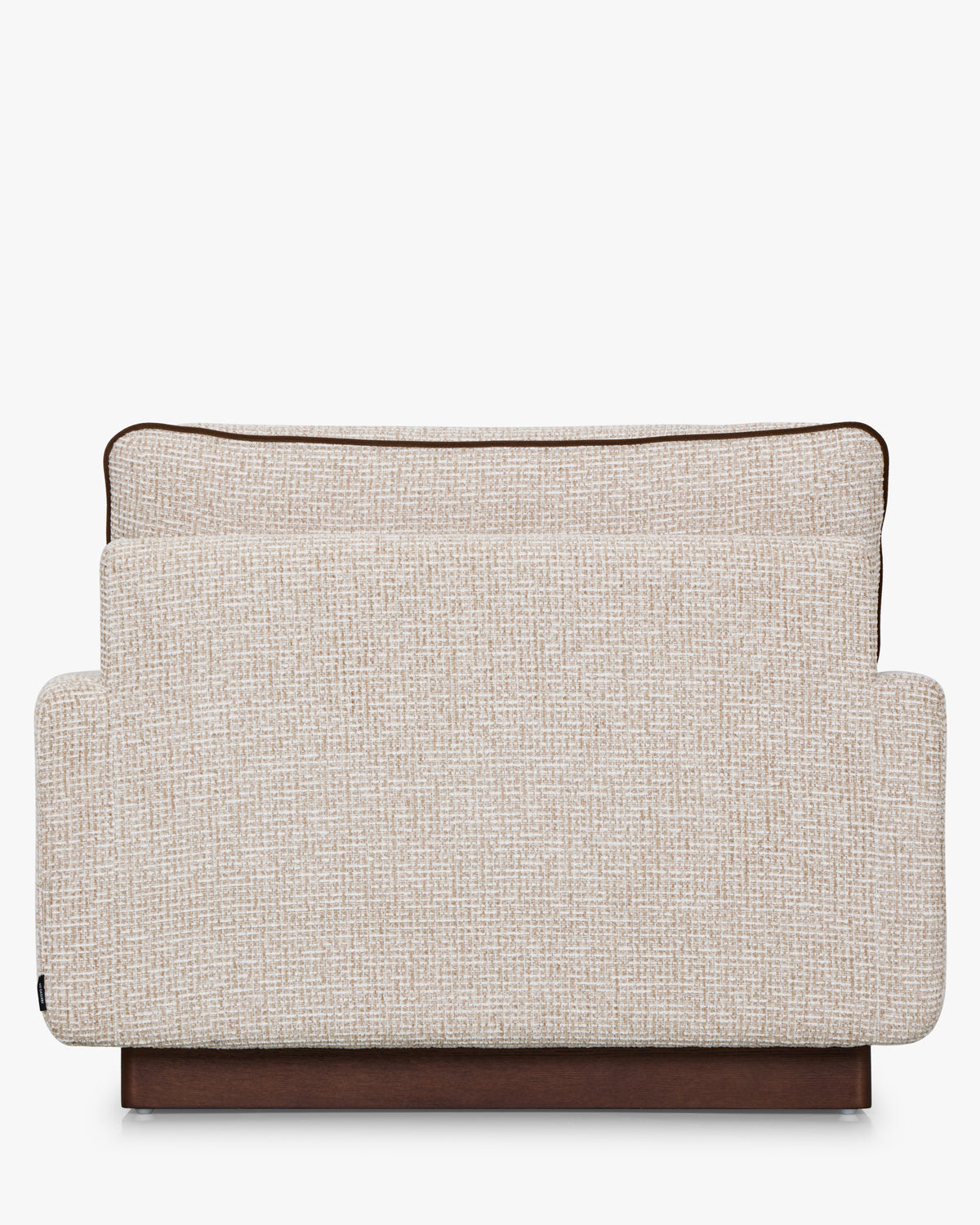 Fauteuil Elysée - tweed beige marron noisette et bois teinte noyer - vue de dos, trois-quarts