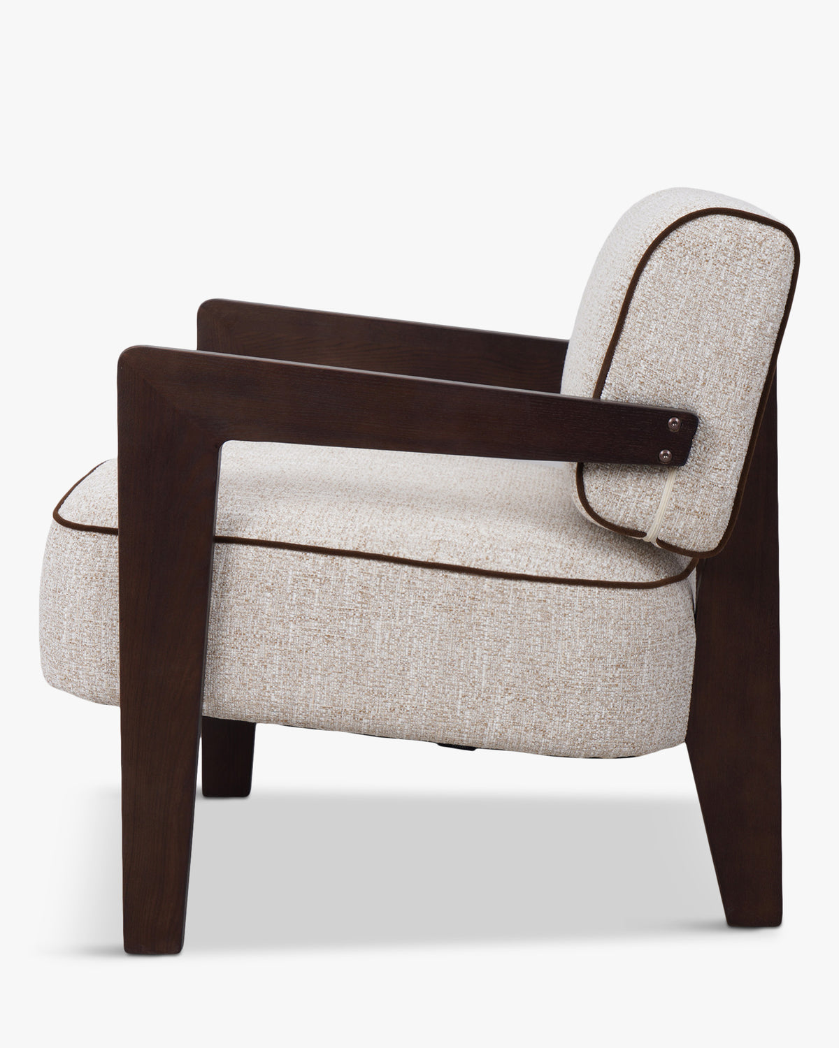 Fauteuil Elva - tweed écru meringue et bois teinté noyer - vue de profil