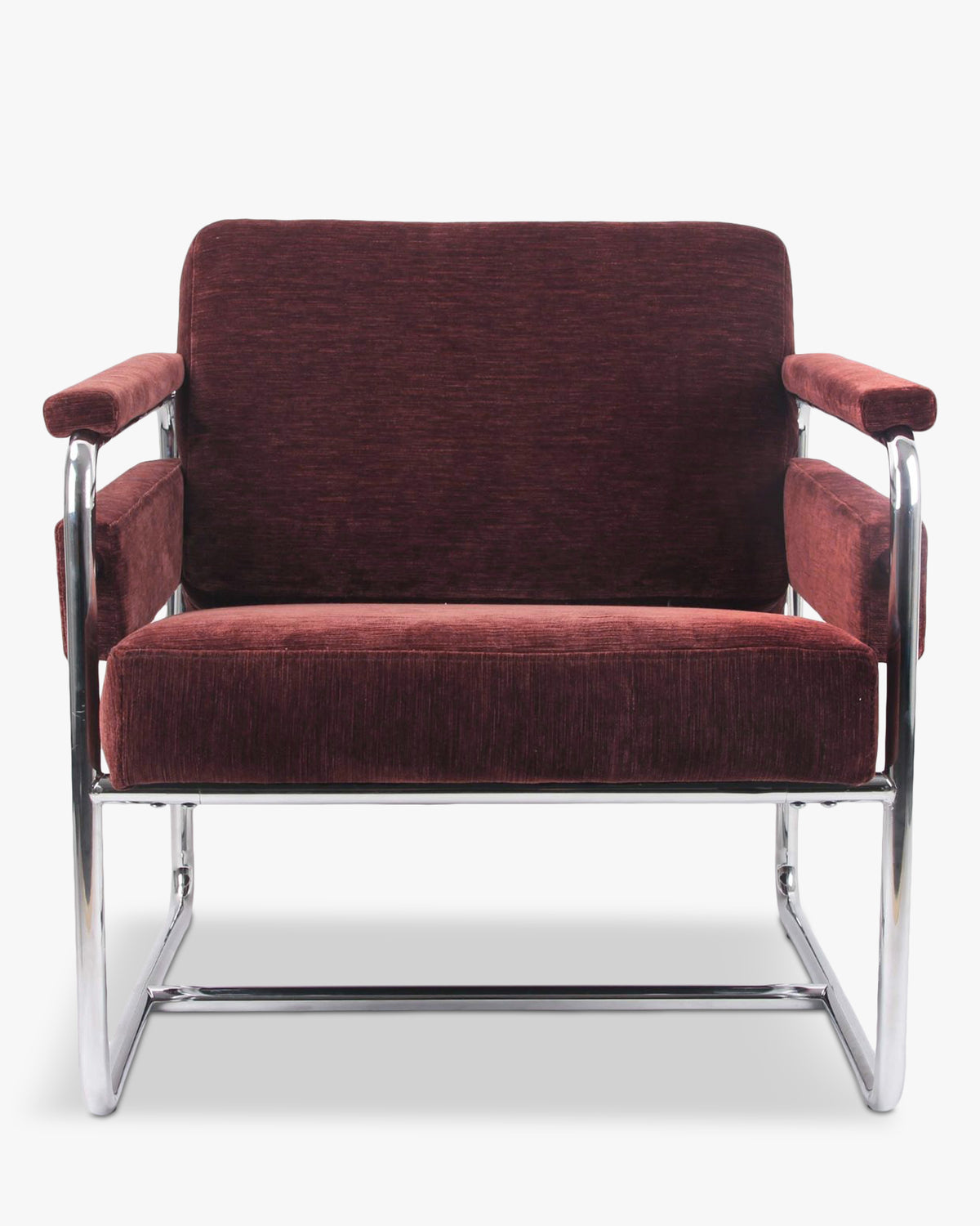 Fauteuil Kyle - velours bordeaux ligné et métal chromé - vue de face