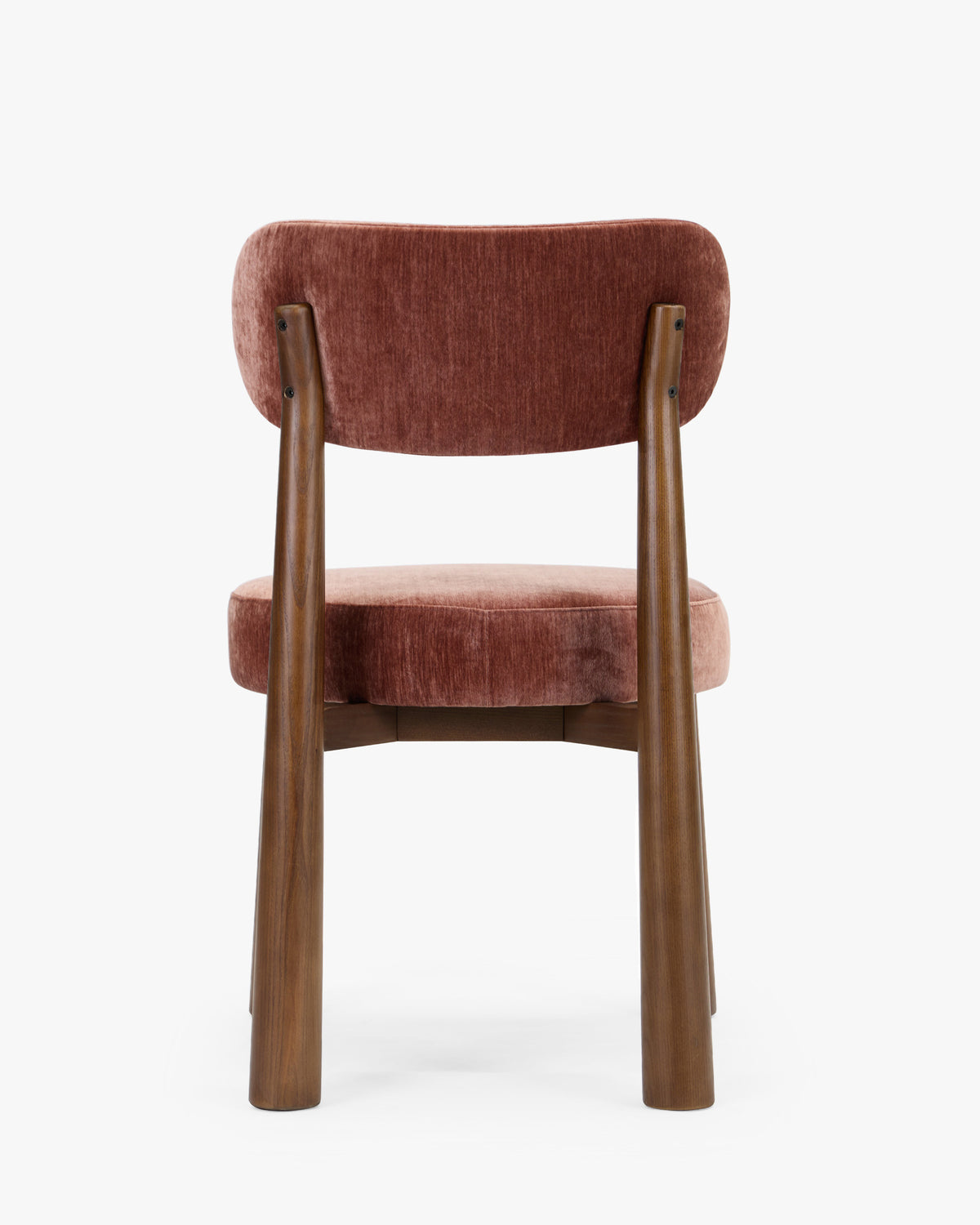 chaise de salle à manger UBUD en velours chenillé rouge ambré et frêne teinté noyer - vue de dos