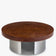 table basse KALDER ronde en placage bois de loupe et acier inoxydable brossé - vue de trois quarts