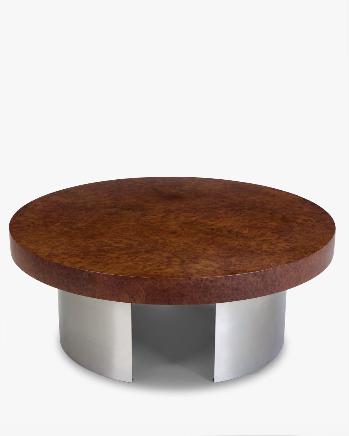 table basse KALDER ronde en placage bois de loupe et acier inoxydable brossé - vue de trois quarts