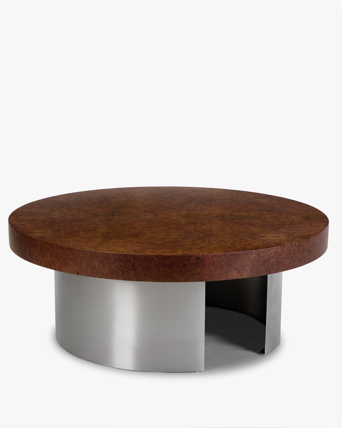 table basse KALDER en placage bois de loupe - piètement en deux demi-cylindres d'acier brossé
