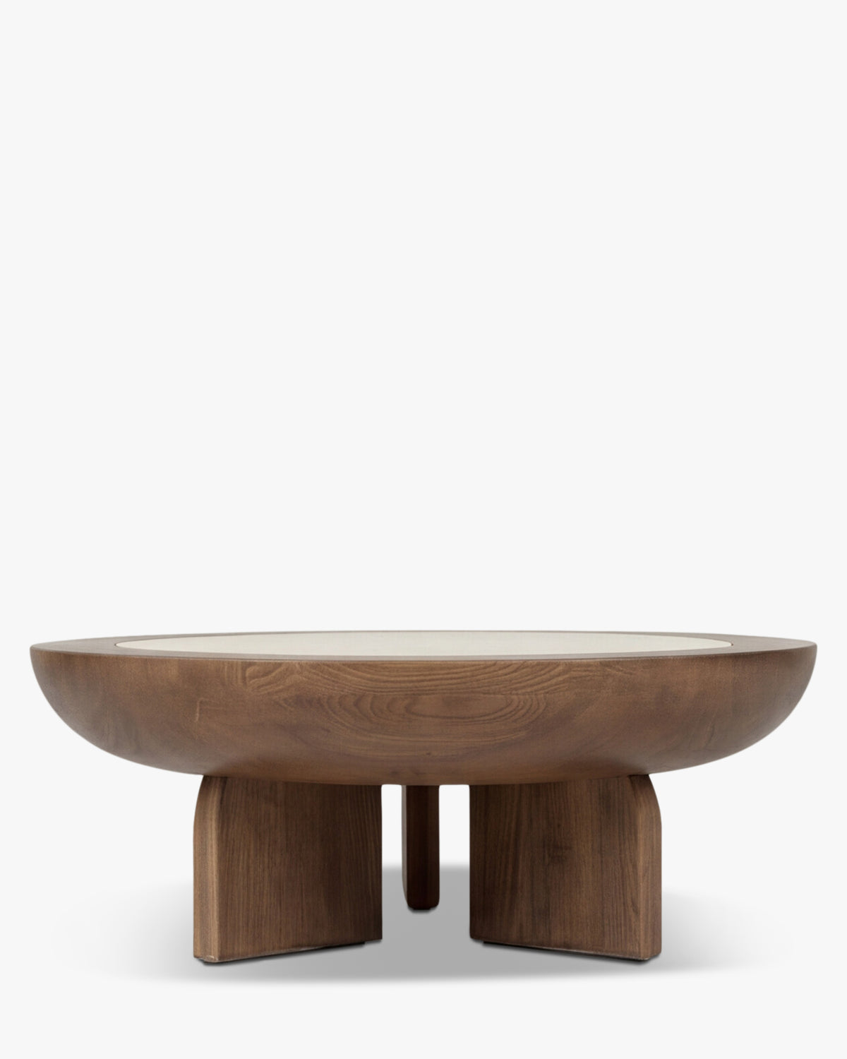 Table basse Saturne - frêne massif teinté noyer et travertin - vue de face, angle différent