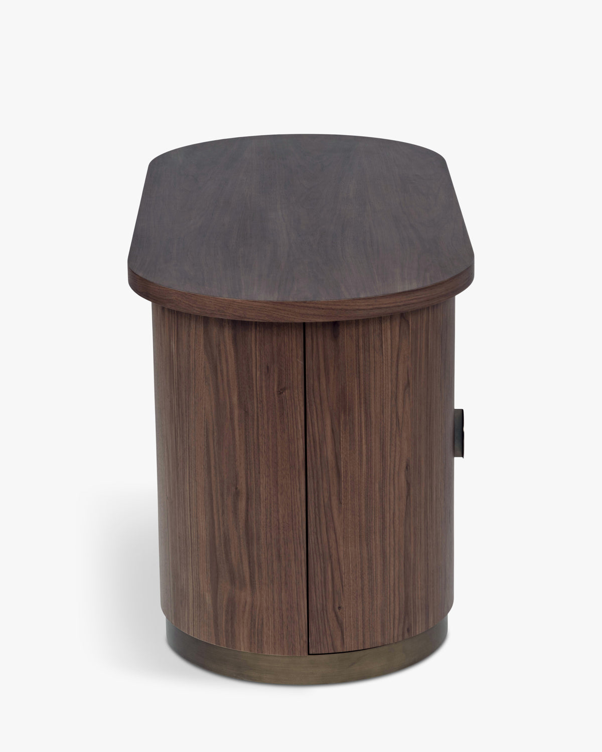Bureau Karola - bois teinté noyer et fer brossé teinte bronze - caisson rond en détail