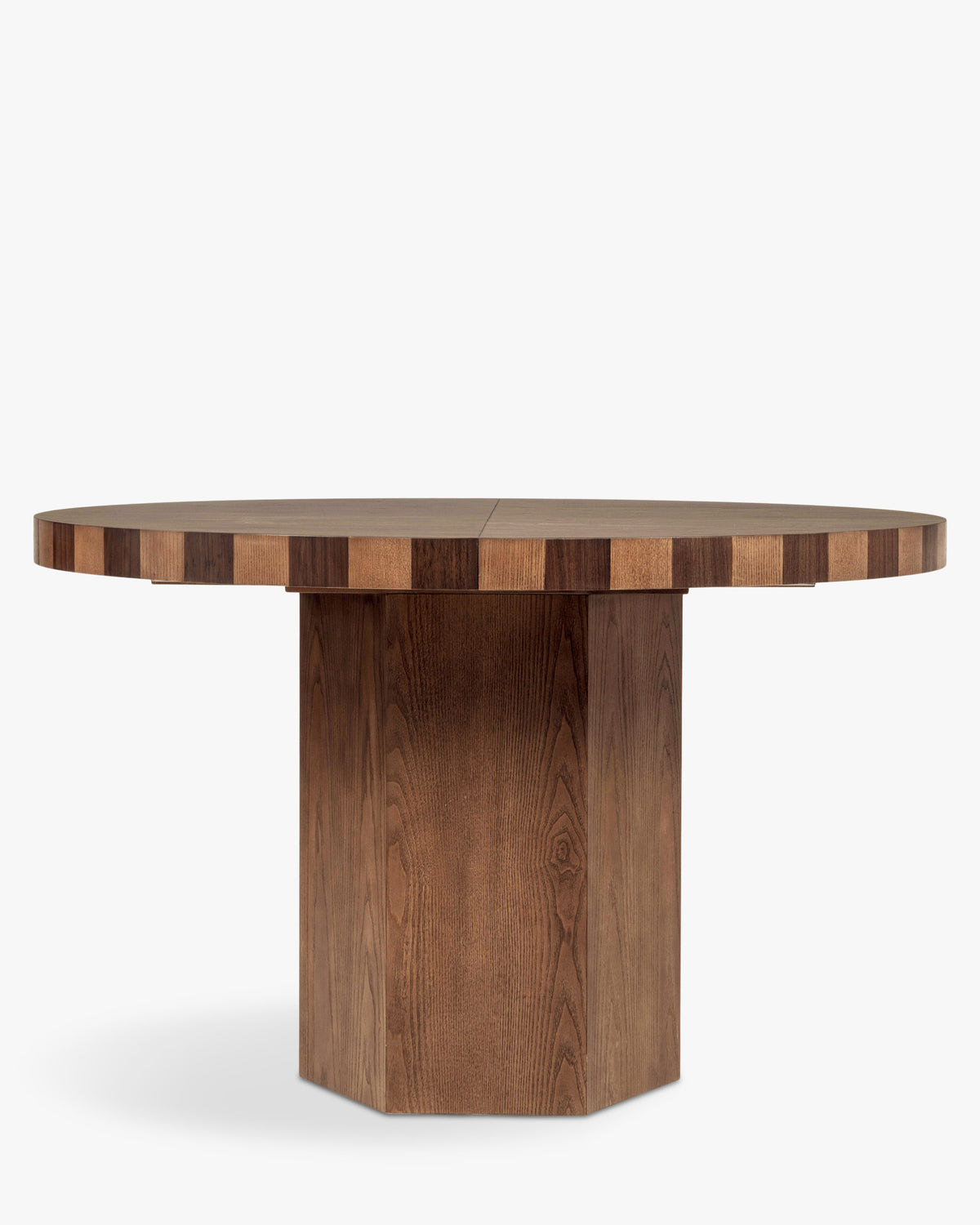 table à manger ronde MODANATA en bois teinté noyer et pied hexagonal - vue de face