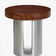 table d'appoint KALDER ronde en placage bois de loupe et acier inoxydable brossé - vue de trois quarts