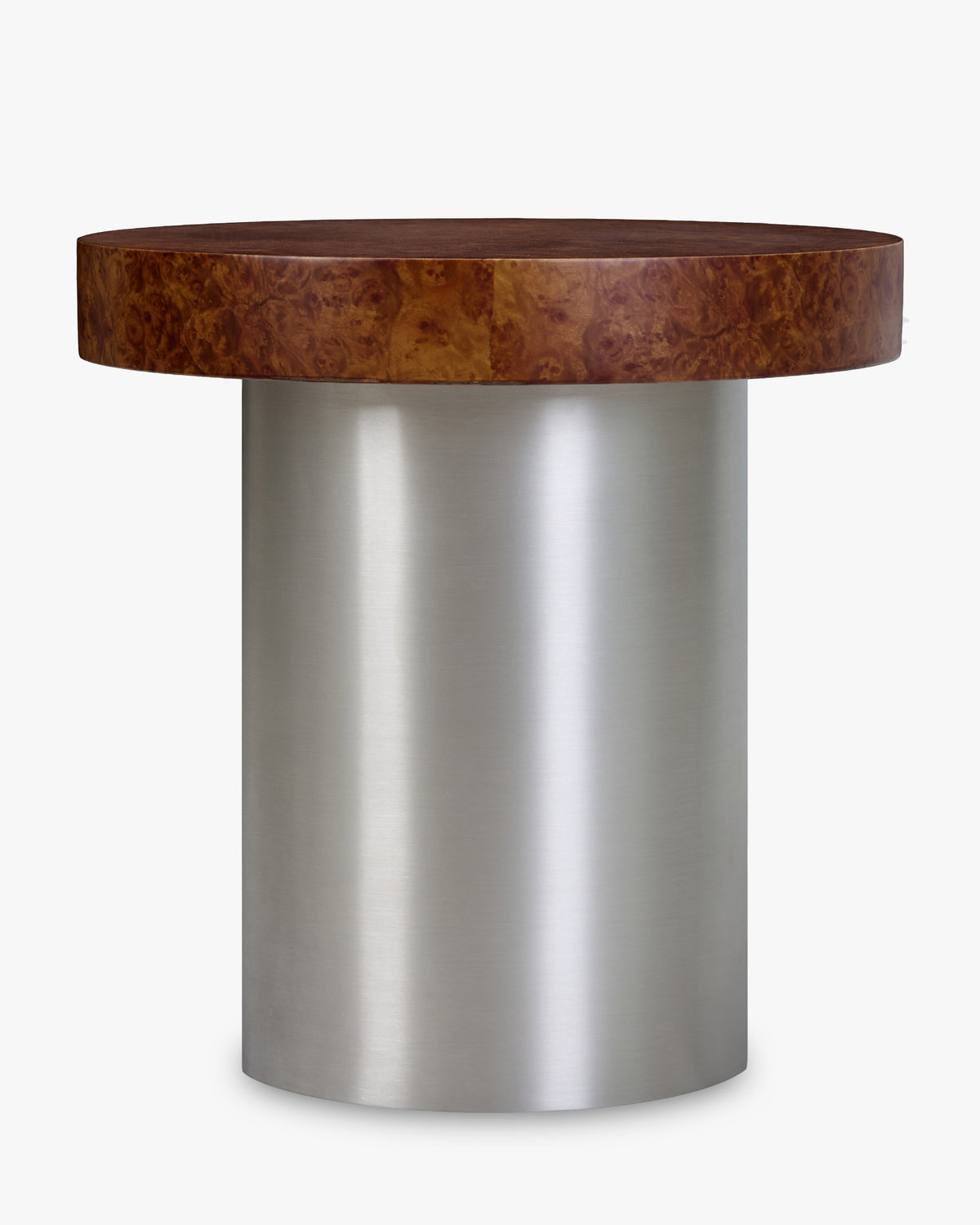 table d'appoint KALDER ronde en placage bois de loupe et acier inoxydable brossé - vue de face