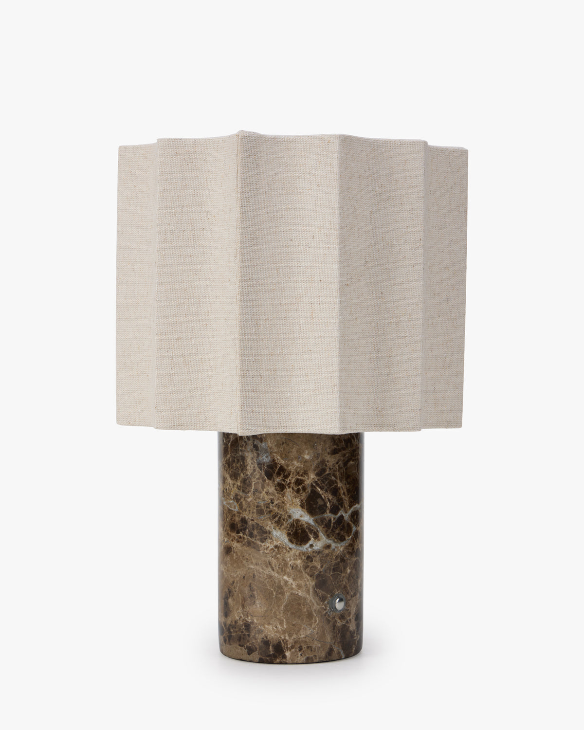 Lampe Bridget - marbre dark emperador et abat-jour lin clair - vue de face, angle différent