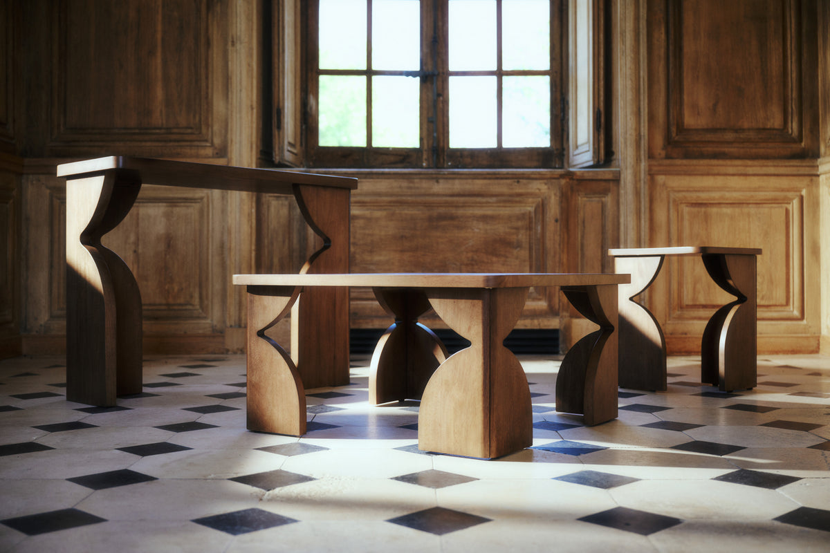 gamme Kayla - table basse, table d'appoint et console bois d'hévéa massif teinte noyer - vue de face